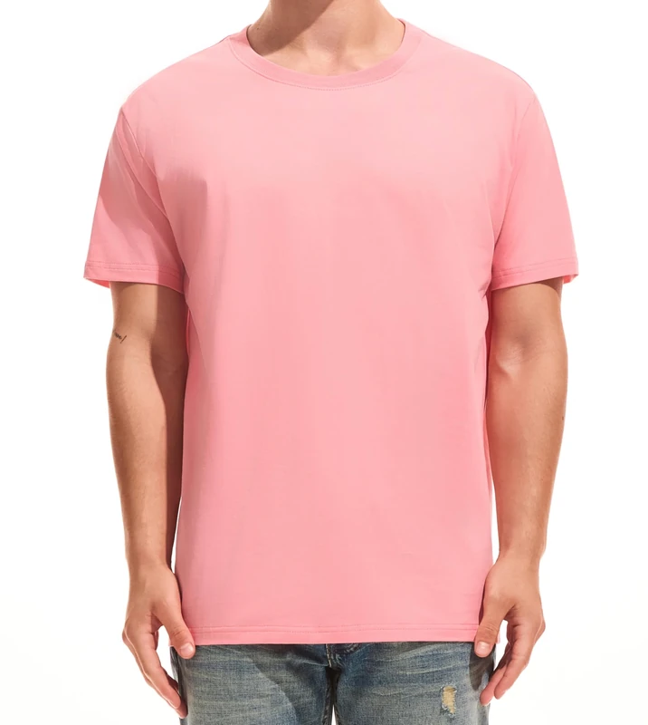 RONOMO Men's Solid Colour T-Shirt 95% Cotton 5% Spandex | Pre-Shrunk Washed | Reinforced Ribbed Collar | Colourfast | Casual Basic Tee Slim Fit（LW Pink XXL