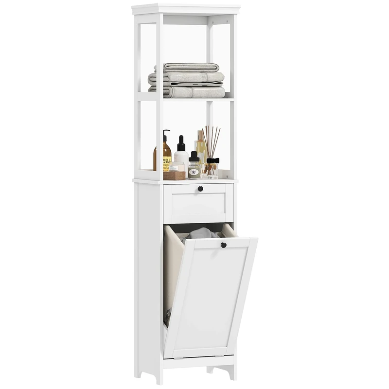 HOMCOM Tall Bathroom Cabinet with Removable Laundry Basket, Slim Bathroom Storage Unit with Tilt-Out Laundry Cabinet, 2 Open Shelves and Drawer, 40 x 30 x 165 cm, White