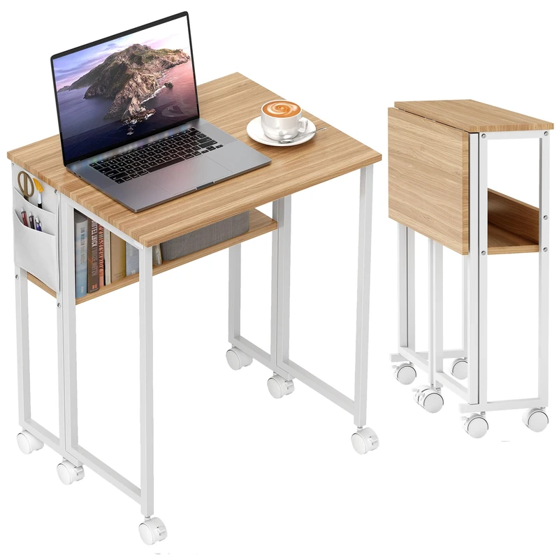 HOMCOM Folding Desk with Storage Shelf and Bag 63 cm Natural Wood Finish