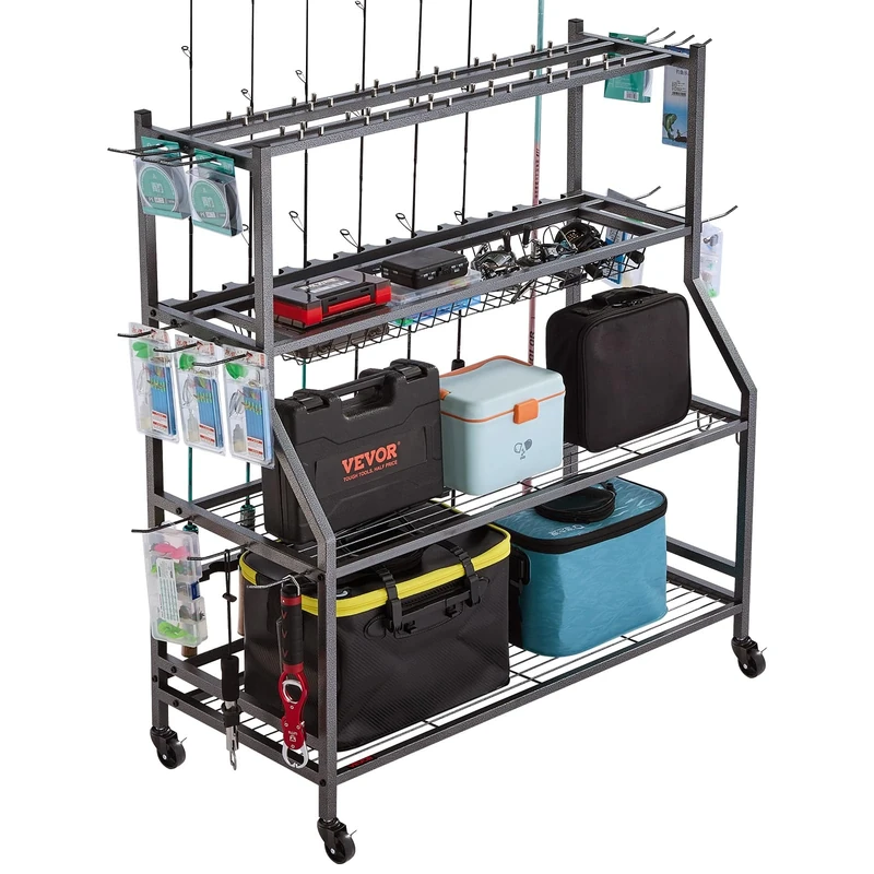 VEVOR Fishing Rod Holder for 15-Rods, Mobile Fishing Pole Rack Cart with Wheels, Fish Gear Equipment Organizer for Garage Home Indoor Use, for Tackle Box Reel Accessories Storage, Gifts for Men