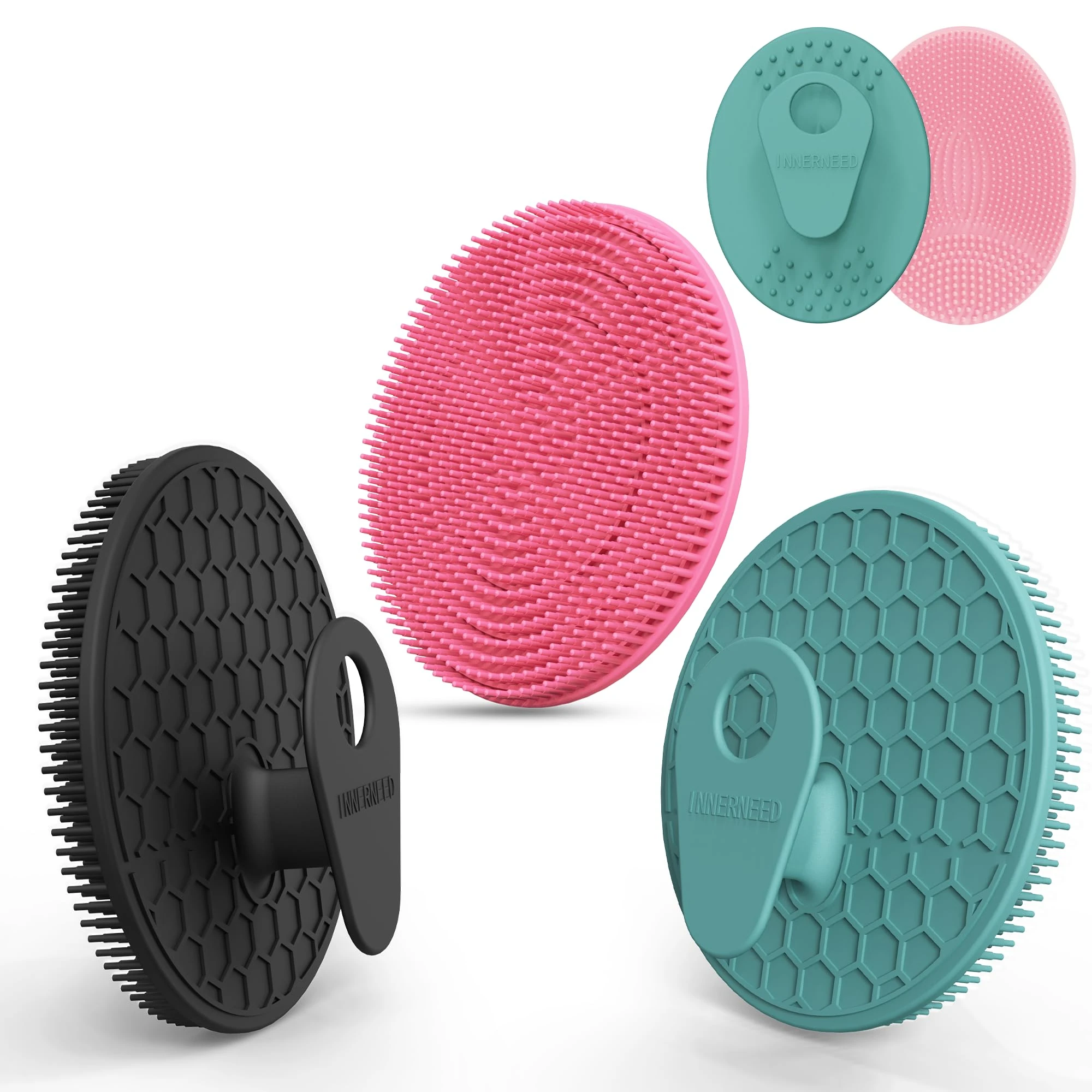 INNERNEED Food Grade Silicone Body Scrubber Gentle Exfoliating Brush for Women Men Deep Clean for All Skin Types, More Hygienic and Well Lather (Black+Dark Green+Pink)