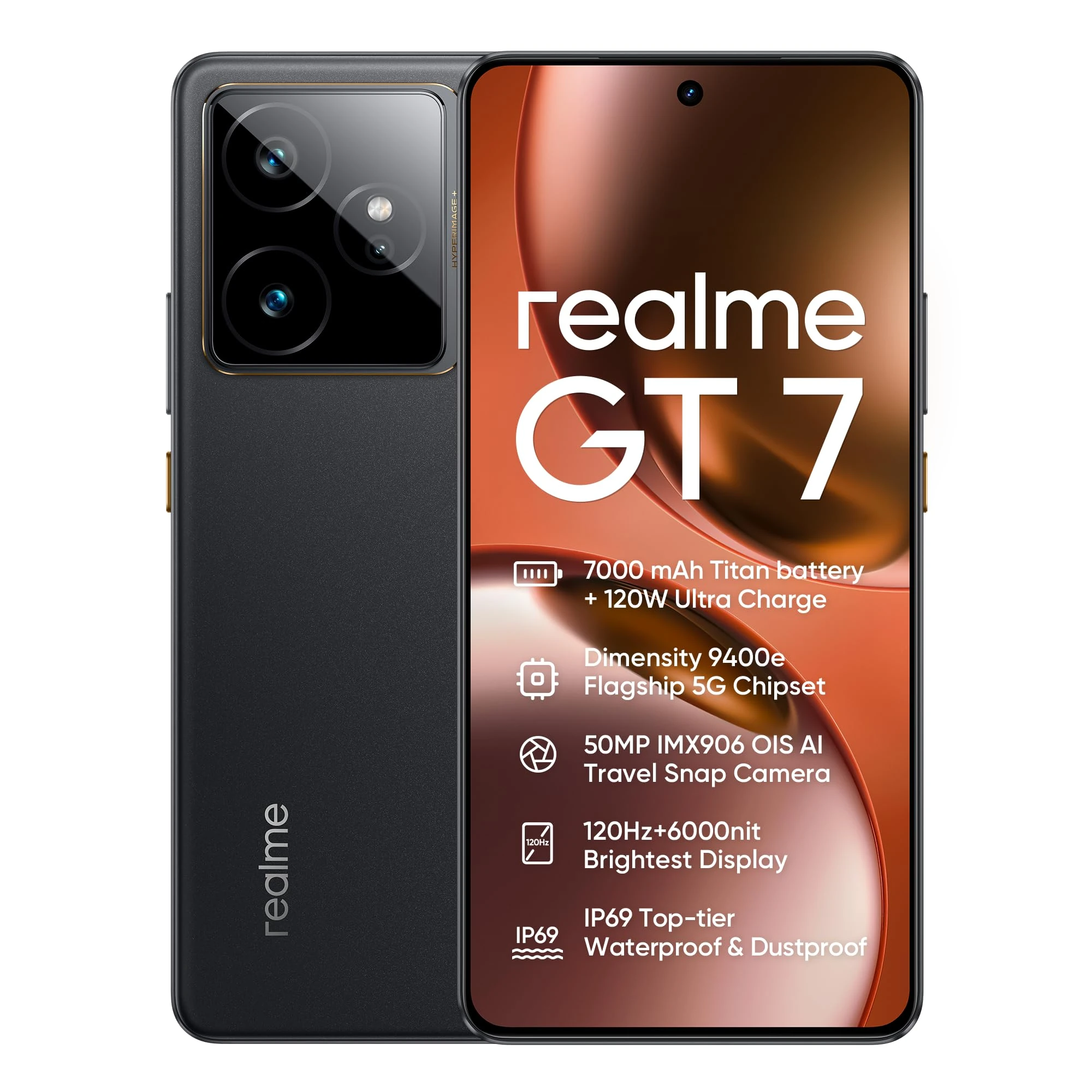 realme GT7 Mobile Phone 12+256GB 5G Smartphone, MediaTek Dimensity 9400e, 7000mAh Battery with 120W Quick Charge, 50MP AI Travel Snap Camera, 6.78-Inch 1.5K 120Hz Display, Dual SIM NFC, Black