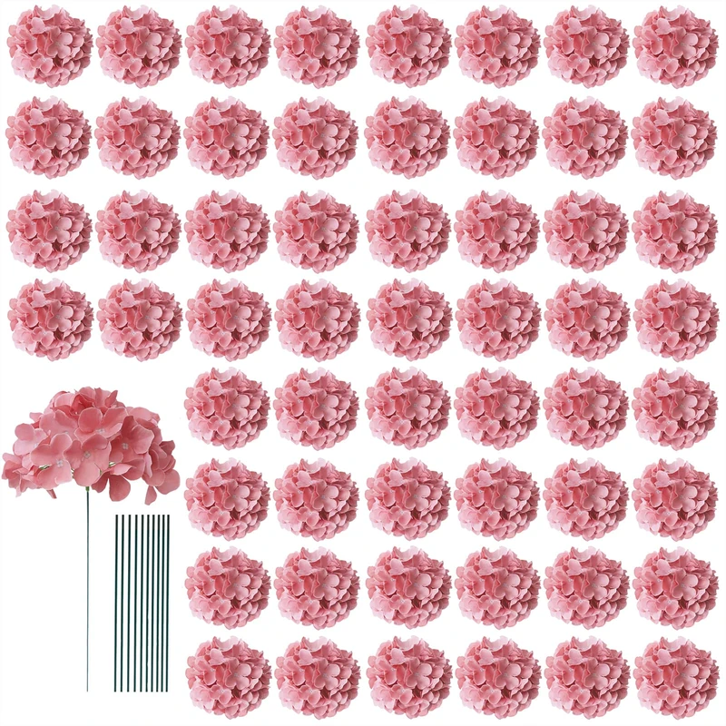 Aviviho 65pcs Fake Flowers Dusty Rose Hydrangea Artificial Flowers Bulk (Not Squished, No Steaming Need) Silk Flowers with Stems for Wedding Decor,Home,Baby Shower,Table Centerpieces Decoration