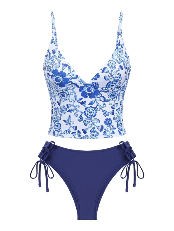 seamoly Colorblock Stripes Tie Side Tankini Set, Deep Blue-02, S