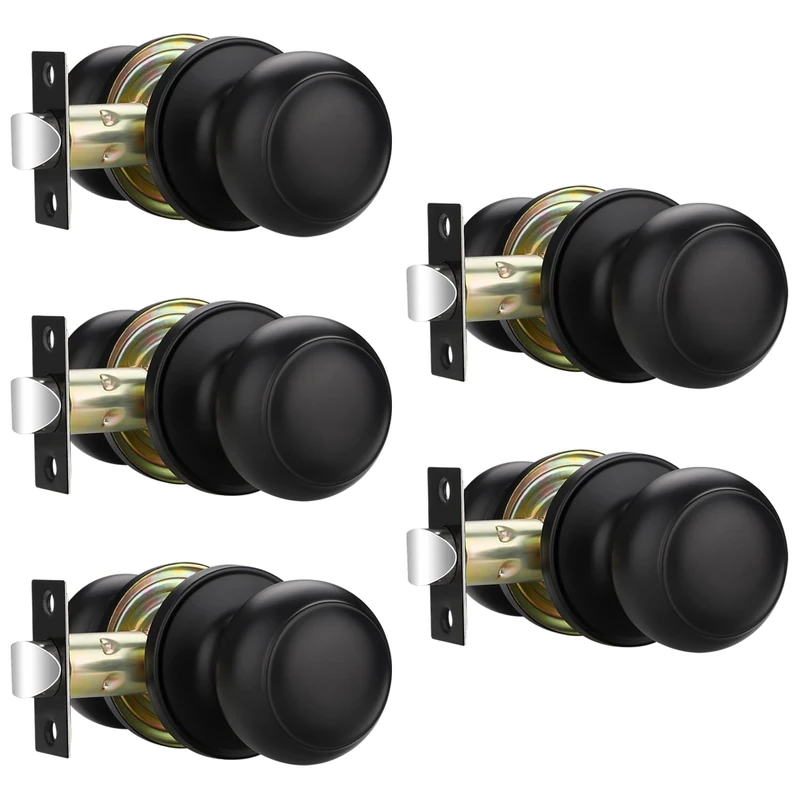 EHOMEWARE 5 Pack Black Door Handle, Interior Door Knobs No Lock, Passage Door Knobs for Closet/Hallway, Keyless Round Door Knob, Universal for Left Right Sided Doors