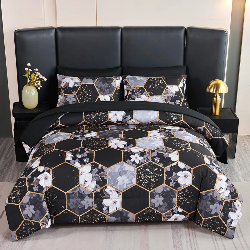 ANGIYUIN 7 Pieces Black Marble California King Bed in A Bag White Flowers Comforter Sets Gold Geometric Honeycomb Bedding Sets Soft Lightweight Bed Set for Women Men