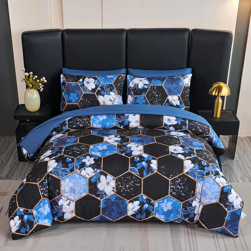 ANGIYUIN 7Pcs Blue Black Cal-King Size Comforter Sets Marble Bedding Sets White Flowers Print Bed in A Bag Soft Farmhouse Bedding Comforter Sets for Women Men