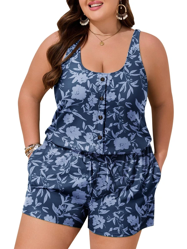 Summer Mae Plus Size Swim Romper One Piece Swimsuit Women Blouson Bathing Suit with Pockets 2025 Modest Swimwear, Branches Vines Flowers, 24 Plus