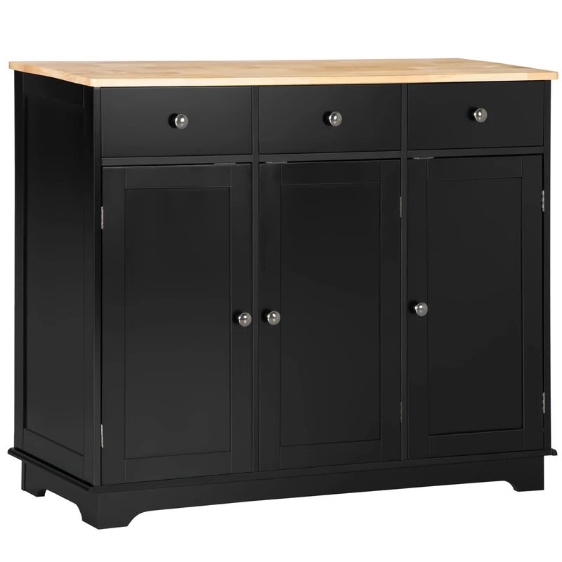 HOMCOM Sideboard with Rubber Wood Top, Modern Storage Cabinet, Kitchen Cupboard with 3 Doors, 3 Drawers and 3 Adjustable Shelves for Dining Room, Living Room, Black