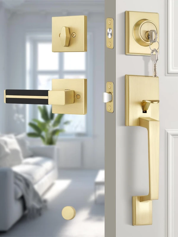 EHOMEWARE Gold Front Door Lock Set, Exterior Door Handle with Black Leather, Front Door Lock with Deadbolt Set, Heavy Duty Entry Lever Door Handle, Reversible for Left/Right Handed Doors