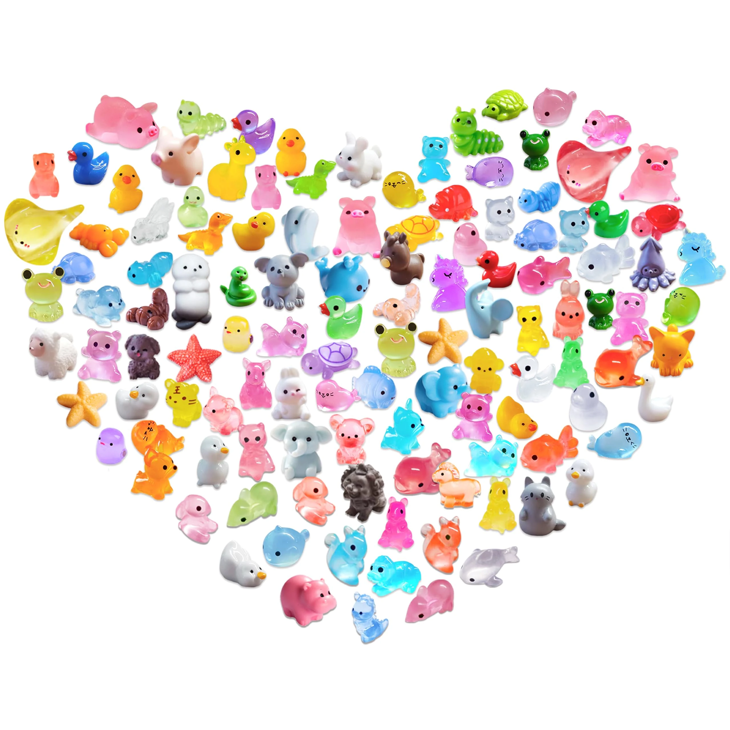 Sumhao 120PCS Mini Resin Animals, 60 Styles Cute Mini Ducks Micro Sculptures Figurines Set, Glow in the Dark Moss Terrarium Decor, Tiny Fish Turtle Seal Rabbit Frog Figurines, Creative DIY Craft Kits