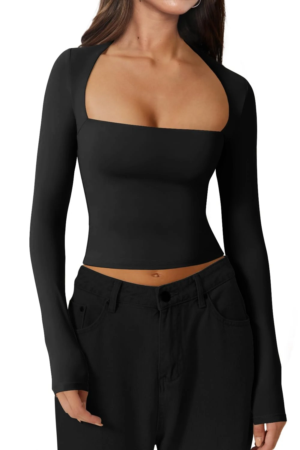 INFITTY Crop Tops for Women Basic Long Sleeve Y2k Tops Scoop Neck Slim Fitted T-Shirts, Blouse Streetwear Black L