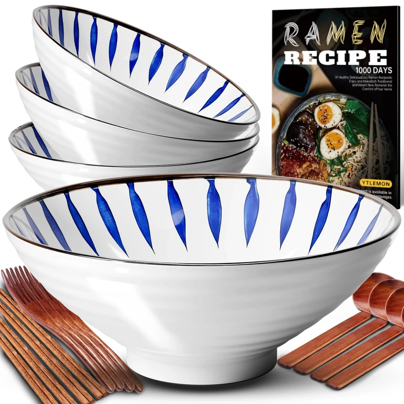 8-Inch Ceramic Ramen Bowl Set of 4 (17 Piece) - Porcelain Japanese Salad Noodles Cereal Fruit Pasta Soup Large Bowls with Recipes Chopsticks Forks Spoons for Men Women Gift Microwave Dishwasher Safe