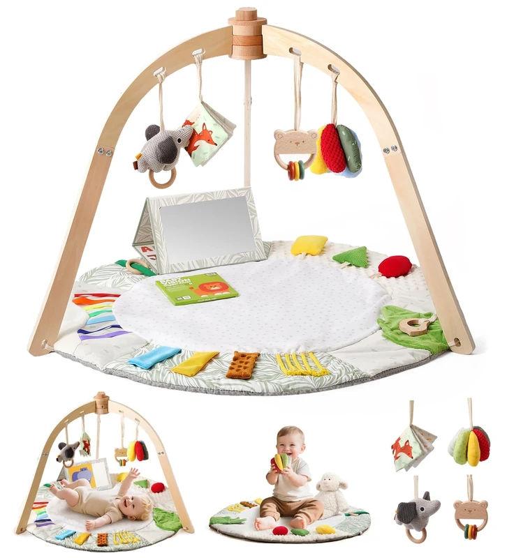 Promise Babe Baby Play Arch Made of Wooden Baby Gym Baby Play Mat Baby Gym 6 Interactive Sensory Toys for Motor Skills Sensory Development Suitable for Newborns (0-12+ Months)