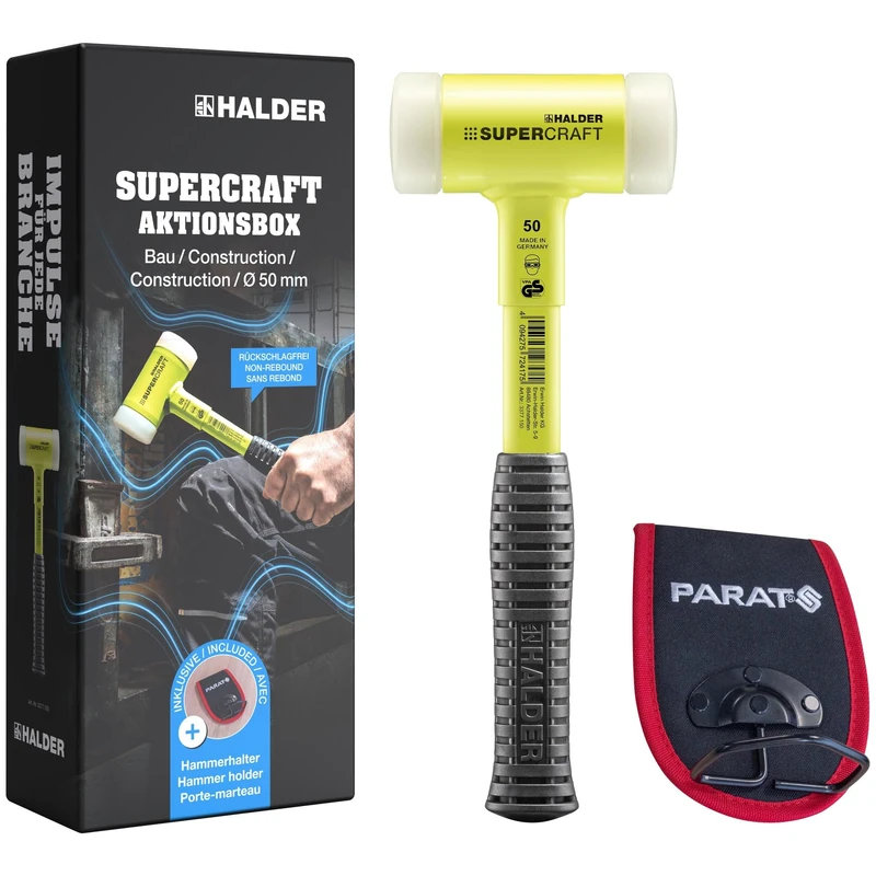 Action Box Construction Supercraft Soft Hammer D50 with Shatterproof Tubular Steel Handle, Yellow Fluorescent Coating and PARAT Hammer Holder 3377s001