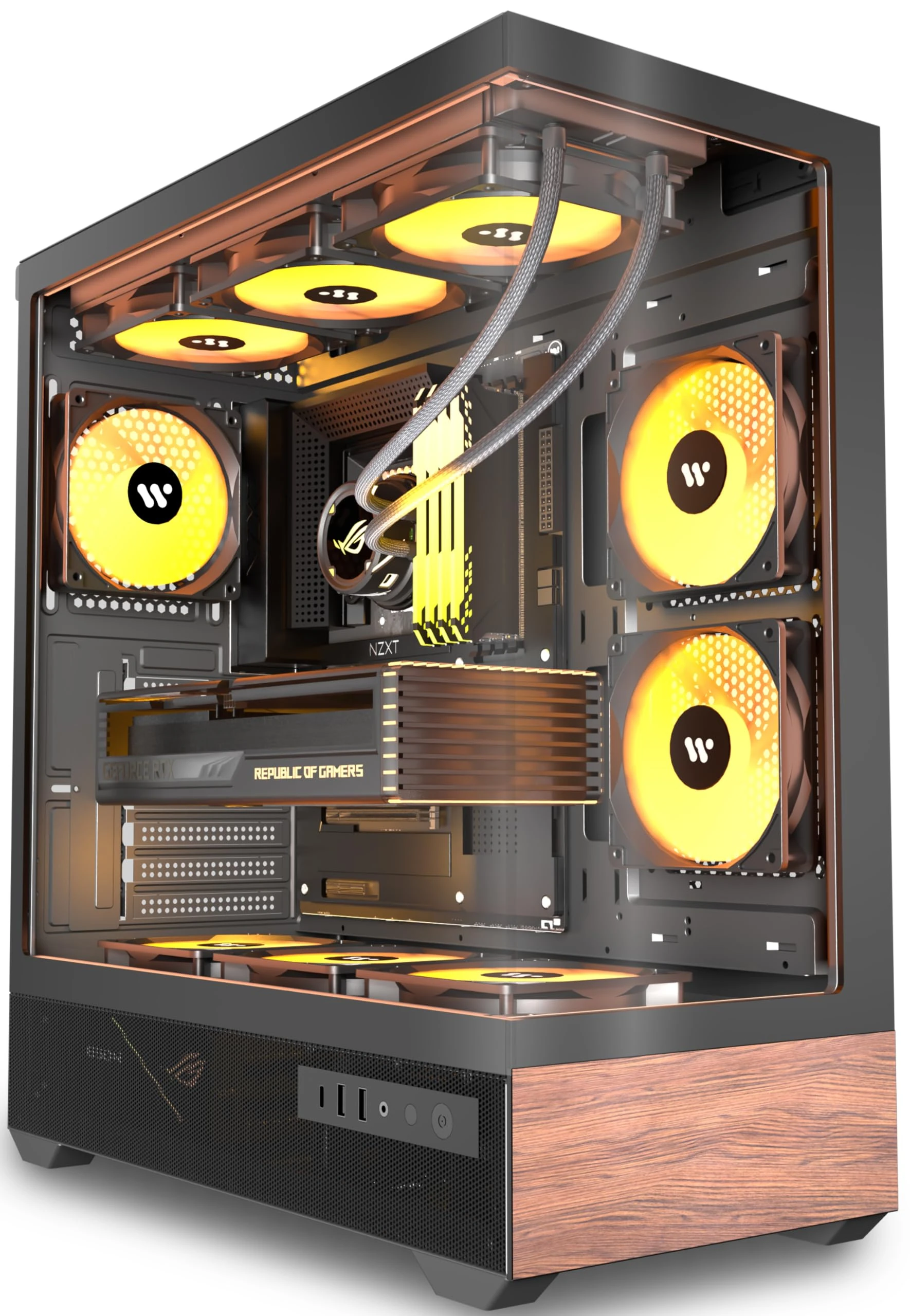 PCZZOI PC CASE ATX 5 PWM ARGB Fans Pre-Installed, Mid Tower Computer Case with Full-View Tempered Glass, Type-C,Printed Walnut Wood Panels,Support 360mm Radiator,Black Gaming Case (P6)