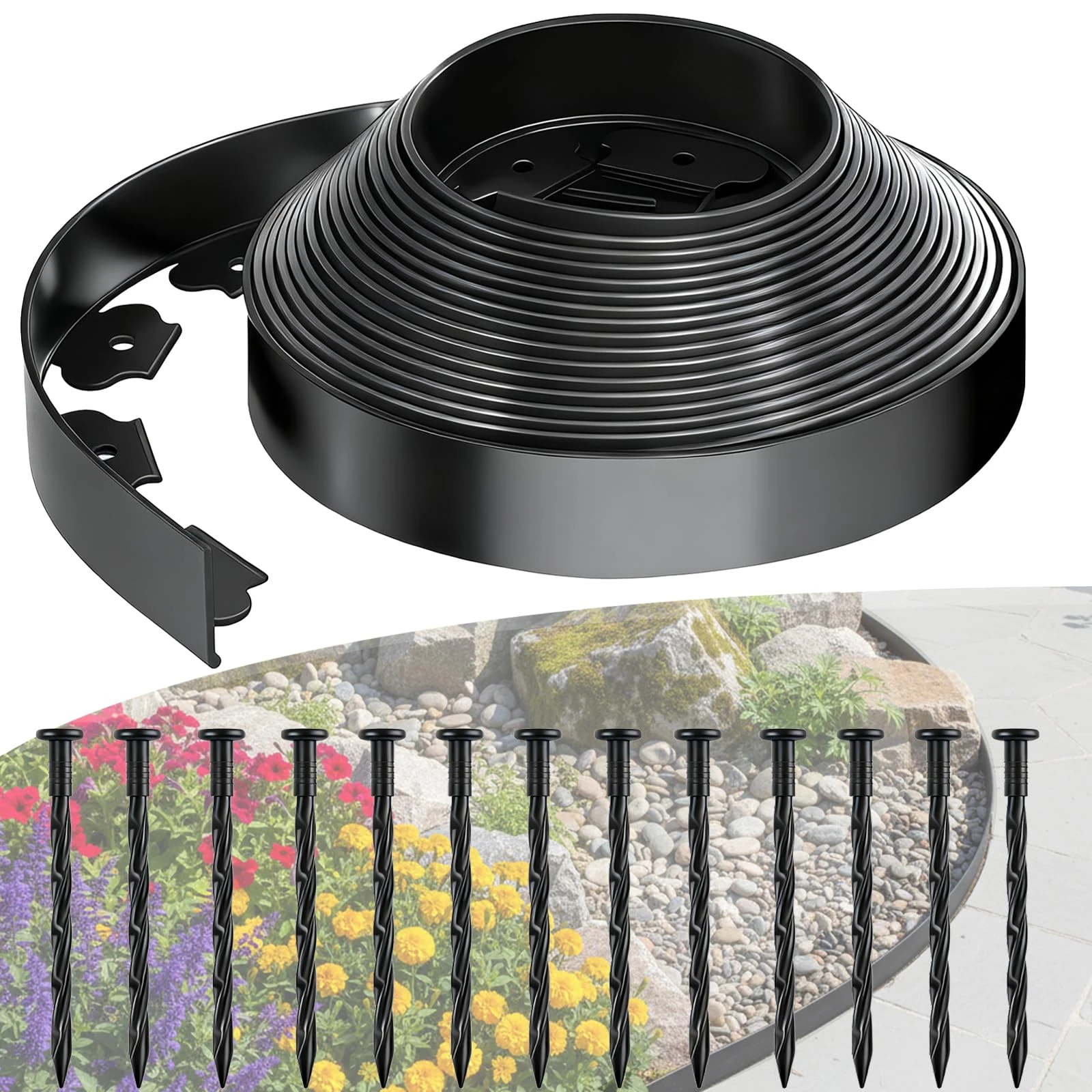 SdreMelo Flexible Lawn Edging Border 39.4ft | 12m Plastic Lawn Garden Edging Border with 5cm High, 50Pcs Reinforced Securing Pegs Grass Path Edging for Grass Edging, Lawns Yard Pathway (39.4ft | 12M)