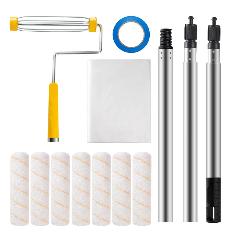 YiBaiBrush Paint Roller Kit, 11 Pack, 9 Inch Paint Roller Frame with Microfiber Roller Covers, Stainless Steel Extension Pole 3 Segments Total 3 Ft, Paint Supplies for Walls and Ceilings