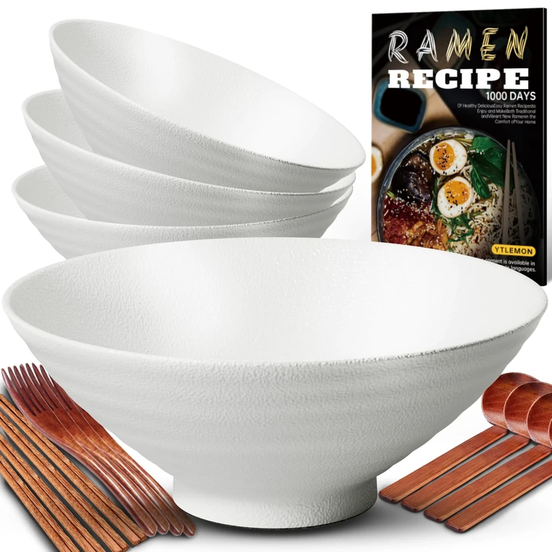 8-Inch Ceramic Ramen Bowl Set of 4 (17 Piece) - Porcelain Japanese Salad Noodles Cereal Fruit Pasta Soup Large Bowls with Recipes Chopsticks Forks Spoons for Men Women Gift Microwave Dishwasher Safe