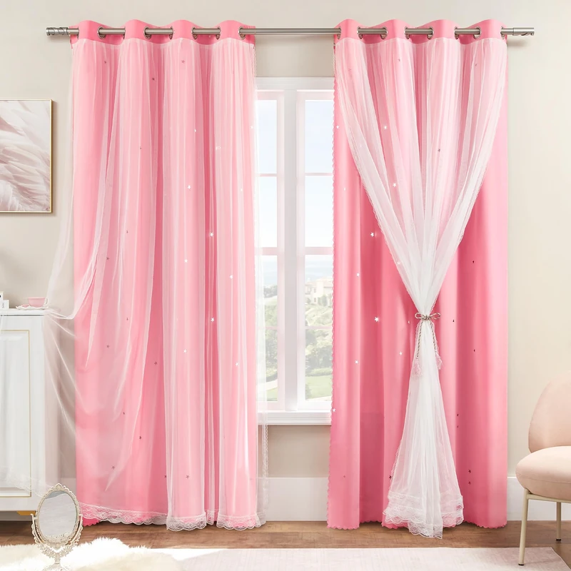 XiDi Pink Curtains for Girls Nursery Room 90 Inches Long Blackout Double Layer Curtains with Sheer Overlay for Kids Toddler Princess Bedroom Living Room Darkening Grommet Window Drapes W52 X L90