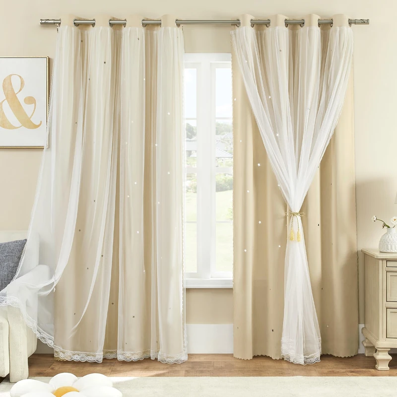 XiDi Beige Blackout Curtains with Sheer Overlay Star Cut Out Design Warm Color Double Layer Curtains Thermal Noise Reduction Grommet Darpes for Girls Kids Bedroom Living Room 52 x 84 Inches, Set of 2
