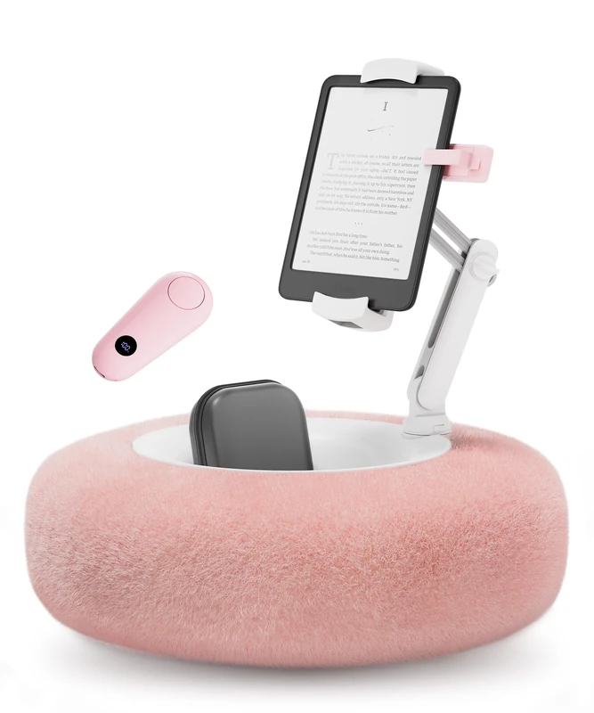 VOLTIFYMAX Tablet Pillow Stand with Kindle Page Turner for Reading in Bed, 360°Adjustable iPad Holder with Snack Bowl, ComPatible with 4.7''-13''Kindle Accessories/Paperwhite/iPad/iPhone/Samsung, Pink