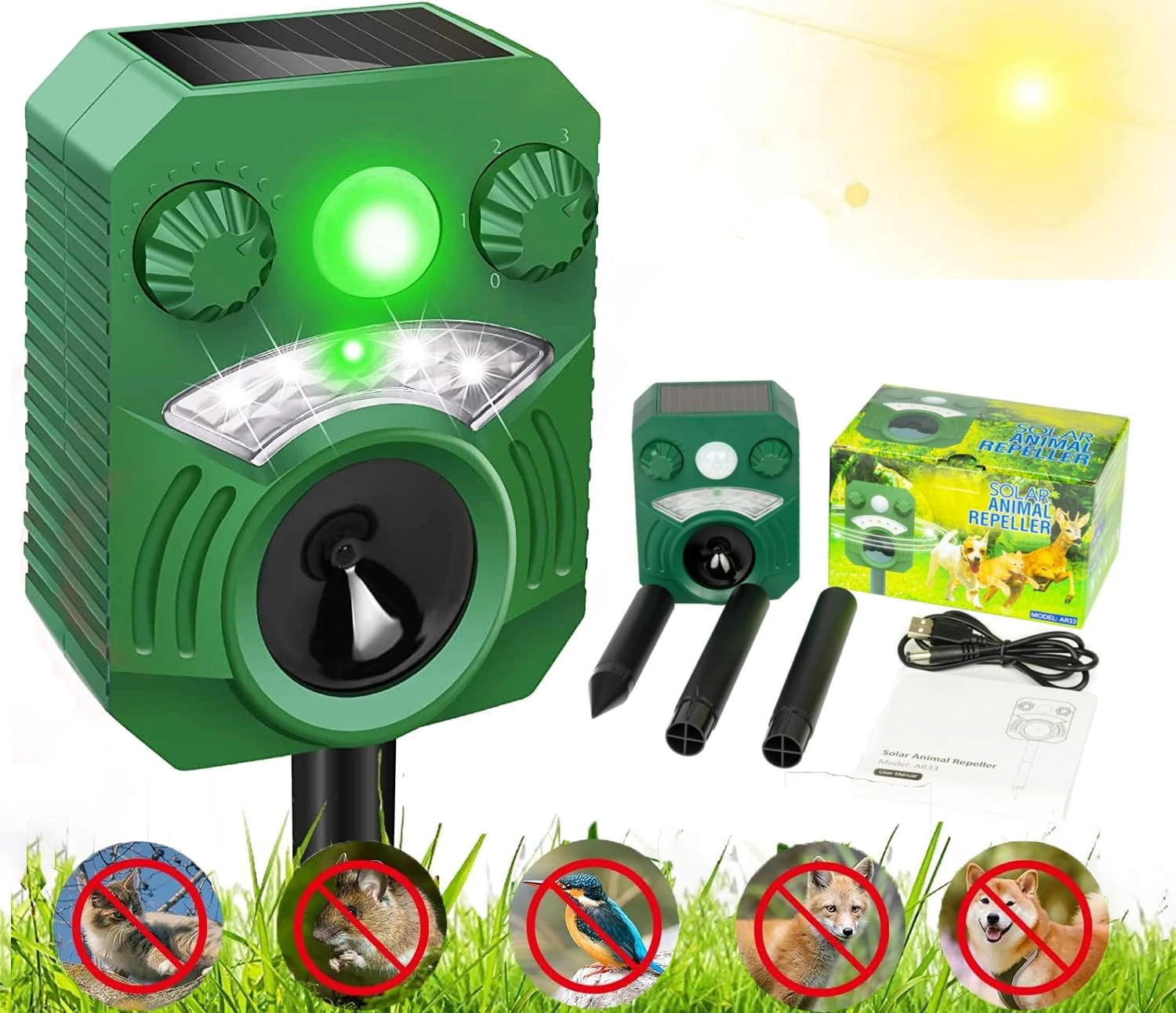 Joomouney Cat Repellent, Cat Repellent Deterrent for Gardens UK, Animal Scarer Ultrasonic Deterrent with PIR Sensor & Flash 5 Adjustment Modes, IPX4 Waterproof Solar USB Charging for Dog Fox Bird