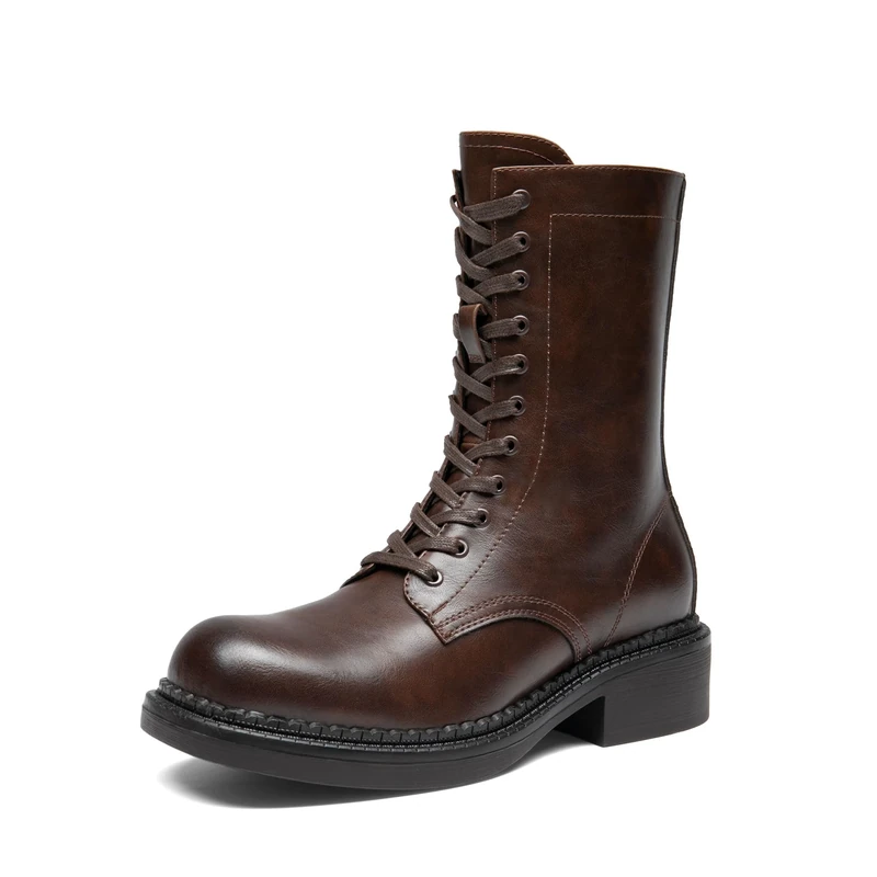 DREAM PAIRS Women's Combat Boots Square Toe Ankle Boots with Side Zipper Lycra Lined Cushioned Insoles Chunky Heel Boots for Women Winter Autumn Casual Dress Boots,Size 9,Brown,DWUMMB2523