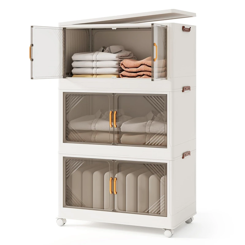 CASART Stackable Storage Bins with Lids, 213L/ 284L Foldable Plastic Boxes on Wheels with Doors & Handles, Collapsible Closet Organizer for Living Room Bedroom Dorm (3-Tier)