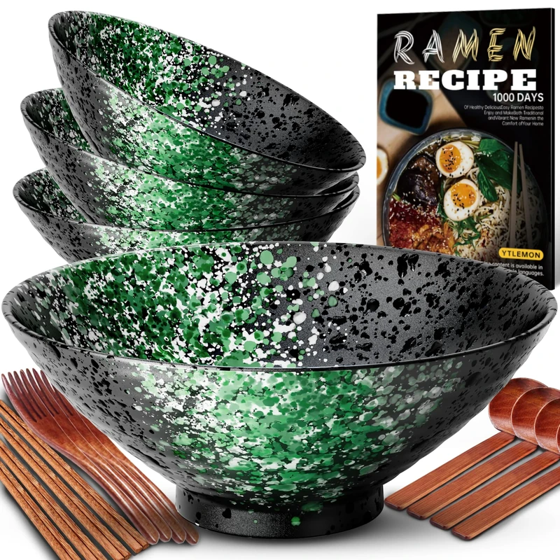 8-Inch Ceramic Ramen Bowl Set of 4 (17 Piece) - Porcelain Japanese Salad Noodles Cereal Fruit Pasta Soup Large Bowls with Recipes Chopsticks Forks Spoons for Men Women Gift Microwave Dishwasher Safe