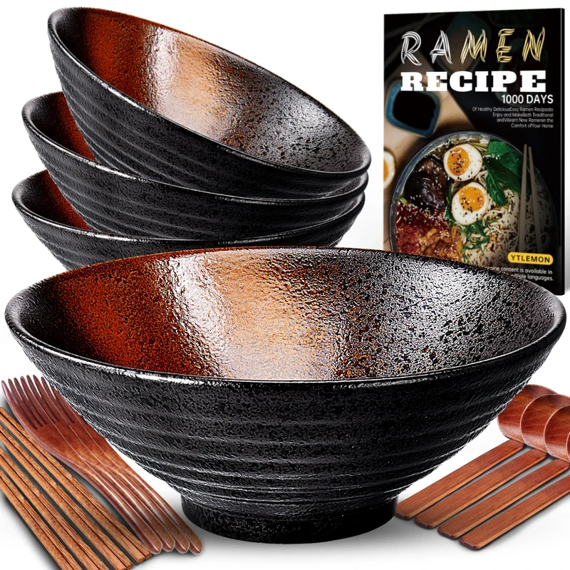 8-Inch Ceramic Ramen Bowl Set of 4 (17 Piece) - Porcelain Japanese Salad Noodles Cereal Fruit Pasta Soup Large Bowls with Recipes Chopsticks Forks Spoons for Men Women Gift Microwave Dishwasher Safe