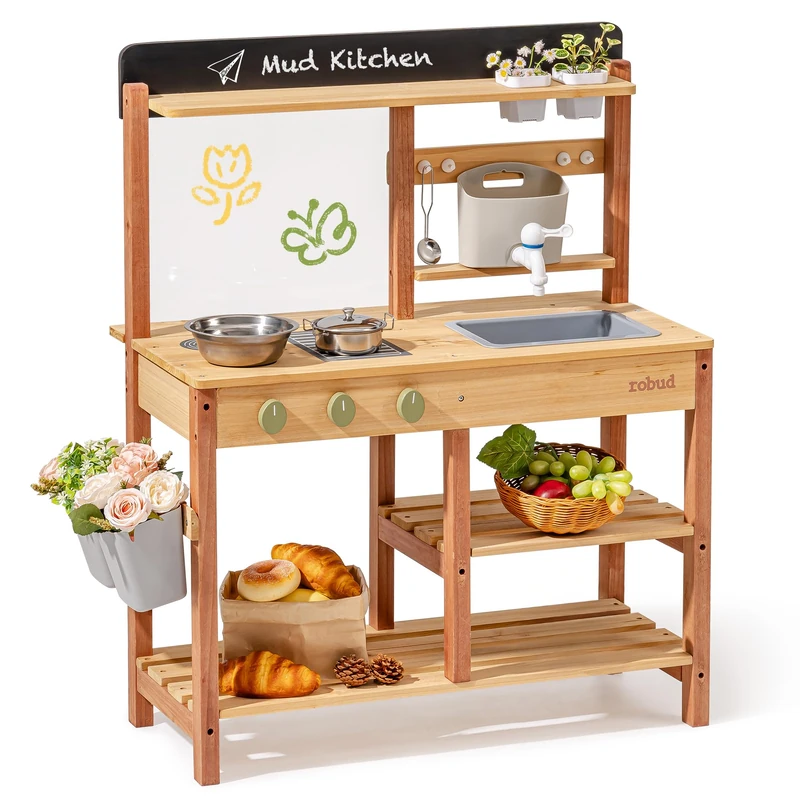 ROBUD Matsch Wooden Kitchen - Outdoor Play Kitchen with Accessories & Blackboard - Toy for Ages 3+