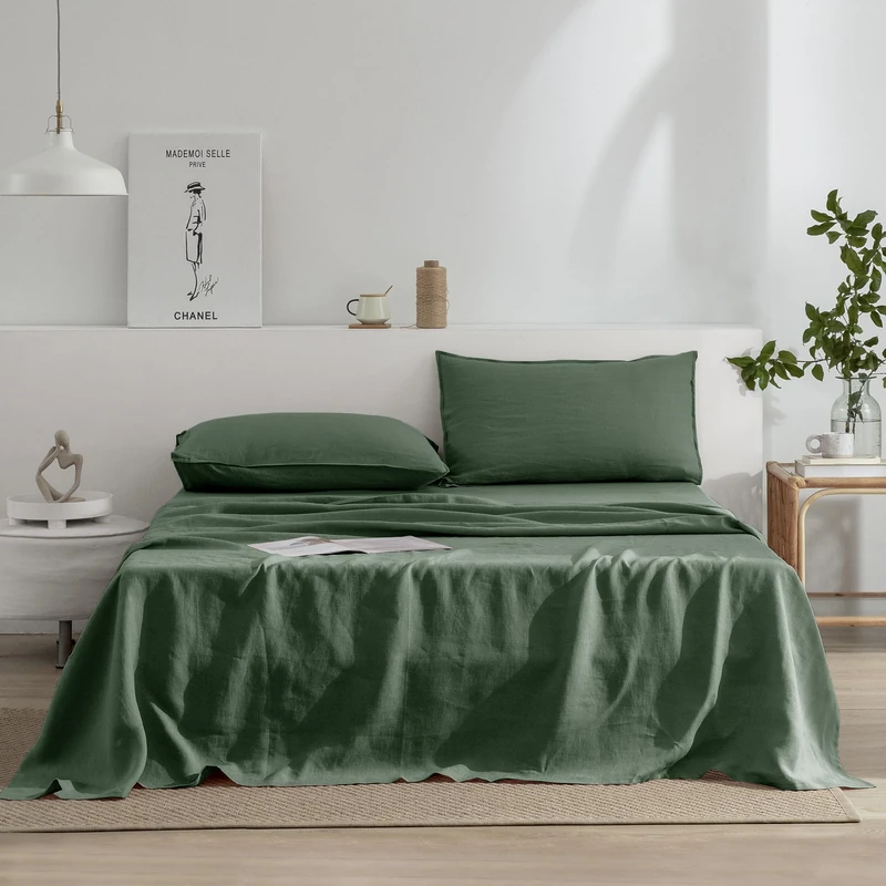 EVERLY Linen Twin Size Sheets Set,100% French Washed Pure Linen Bed Sheets Deep Pocket Sheets,3Pieces(1Flat Sheet,1Fitted Sheet,1Pillowcase) Suitable for Hot Sleepers,180GSM Dark Green Bedding Set
