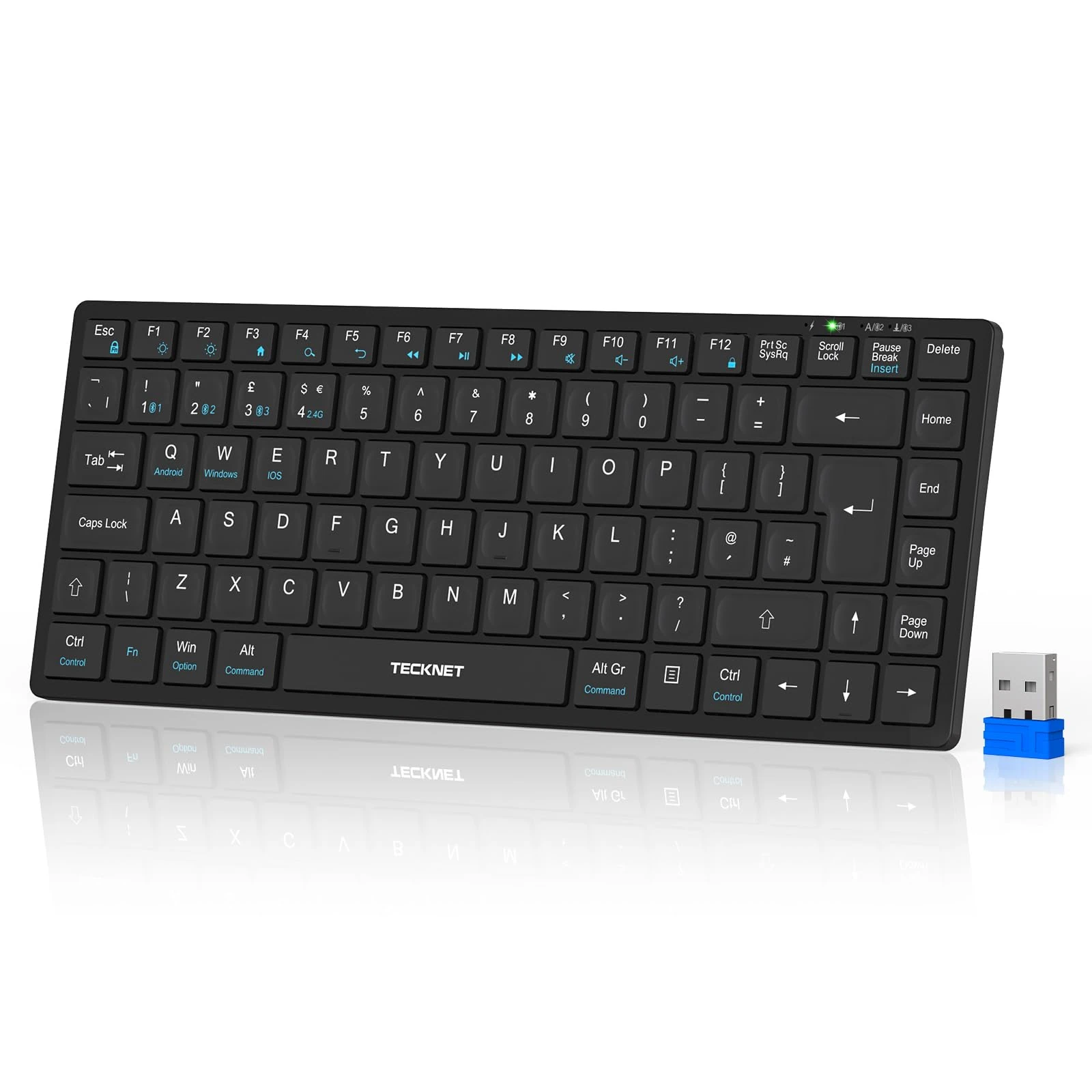 TECKNET 2.4G Wireless Keyboard, Rechargeable Bluetooth Keyboard for 4 Multi Devices, QWERTY UK Layout Compact Mini keypad, Small Silent Keys for Laptop, Phone, Smart TV, Computer, Tablet - Black