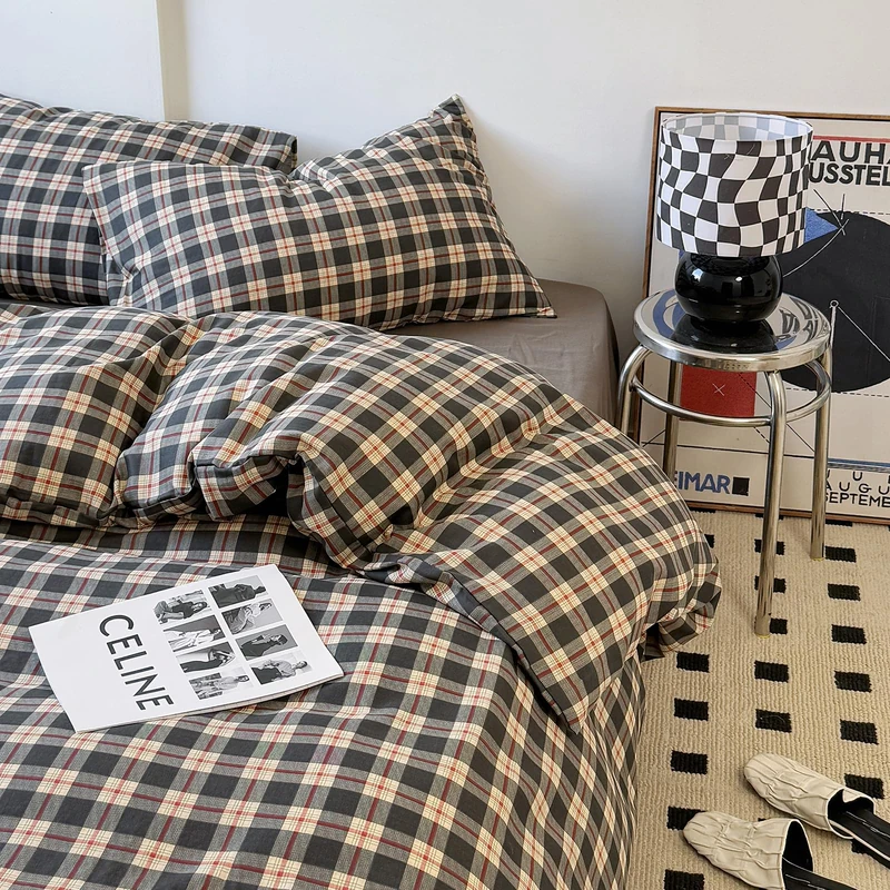 Vintage Plaid Duvet Cover Set Full, 3 Pcs Double Gauze Cotton Bedding
