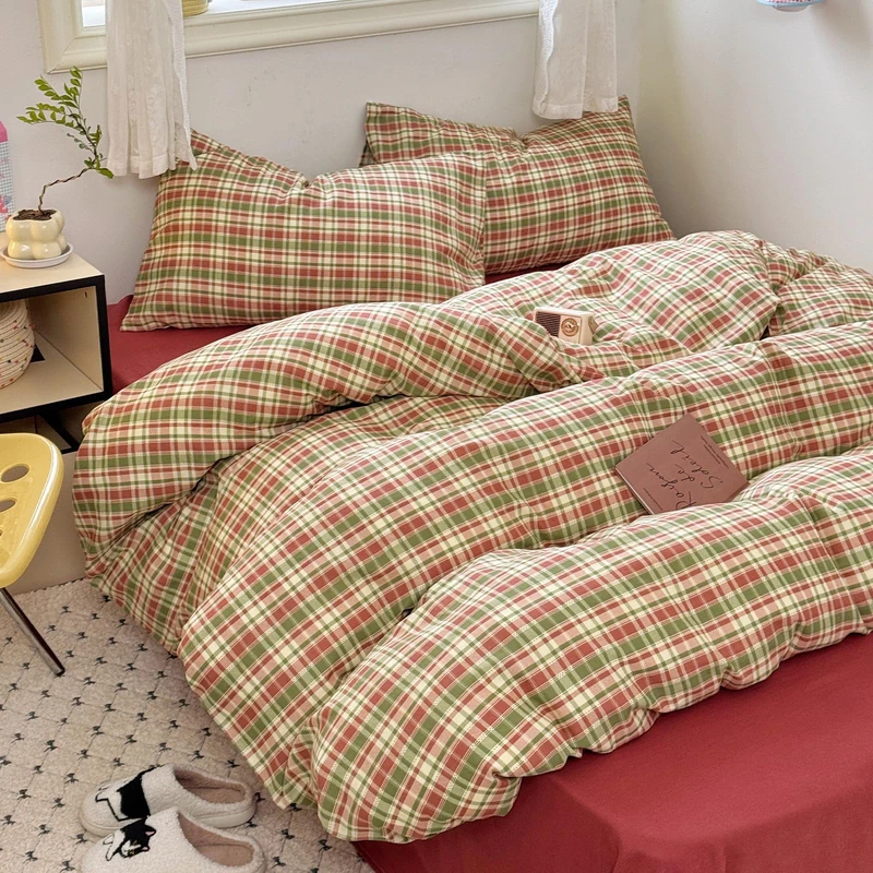 Red Green Plaid Duvet Cover Queen Size-90"x90", Double Gauze Cotton