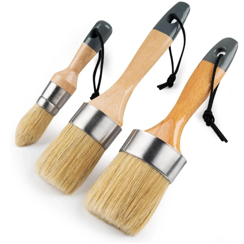 YiBaiBrush Chalk Wax Paint Brush 3 pcs, Large Wax Brushes for Paint, Chalk Paint Brushes for Furniture, Acrylic Paint, Milk Paint, Natural Bristles, 1 Small Round Brush and 2 Large Oval Brushes