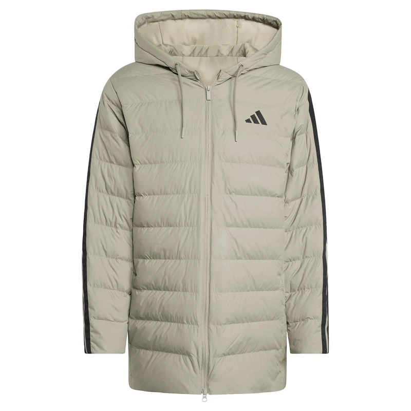 adidas Men's Essentials Climawarm 3 Stripes Light Down Hooded Parkas Coat, silver pebble, L