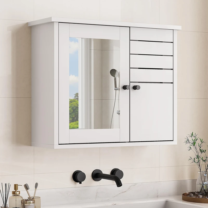 YITAHOME Double Door Mirrored Bathroom Cabinet, Modern Wall Mounted Storage Furniture,Storage Cabinet for Home, Bedroom & Bathroom Accessory Organizer 60 * 20 * 49.2 CM (White)