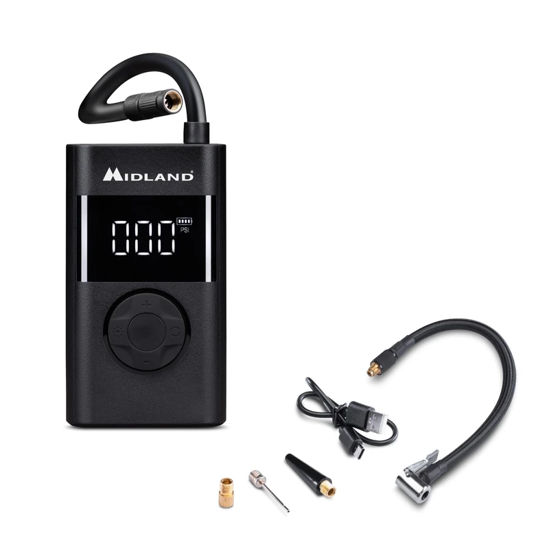 Midland - Portable Air Compressor Enerpump with Power Bank, 150 PSI, Fast Inflation for Motorcycle, Car, and Bicycle Tires, Compact, Lightweight and Versatile Design for On-the-Go Use, 4000mAh Battery