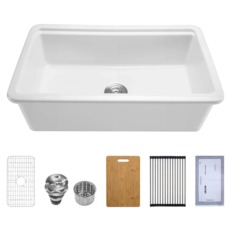 VEVOR 33x19 inch Farmhouse Sink, White Sink Workstation, Fireclay Topmount Undermount Basin, Drop-in Single Bowl Basin with Multiple Accessories, Large Capacity Household Dishwasher Sinks for Kitchen