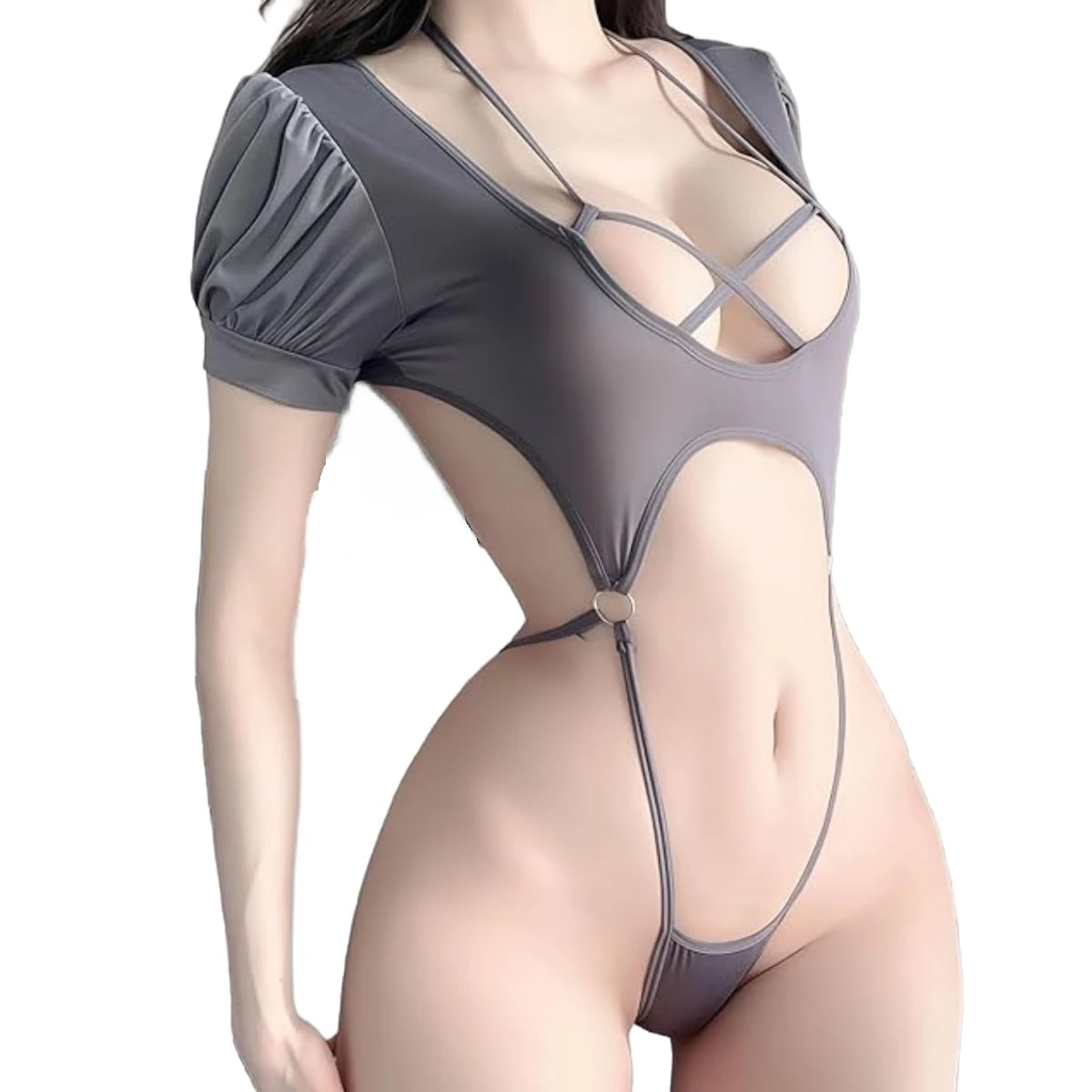Sexy Bunny Lingerie Costume Anime School Girl Cosplay Outfit Uniform Sheer Cutout Bodysuit One Piece String Tankini Bodycon Crisscross Halter Crop Top for Halloween Carnival Grey