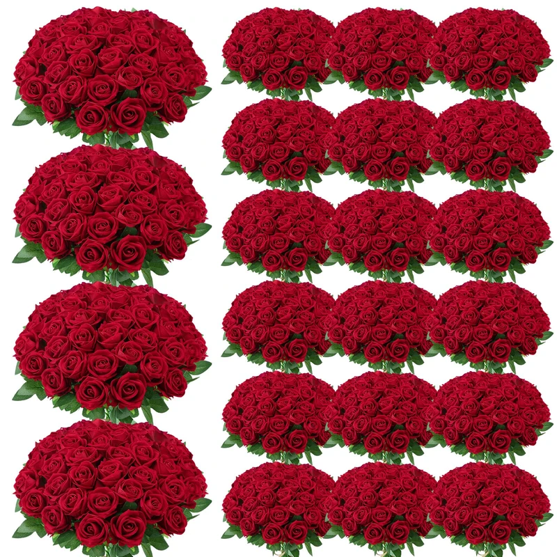 Ovveroche 150 Pcs Artificial Roses Long Stem Silk Flowers Burgundy