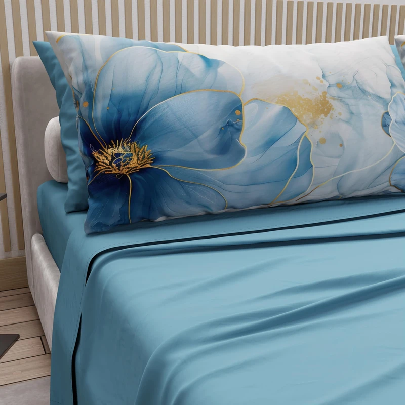 PETTI Artigiani Italiani - Double Bed Sheets Cotton with Pillowcases in Digital Print, Complete Sheet for Double Bed Maxi Floral Pattern 138 Light Blue, 100% Made in Italy