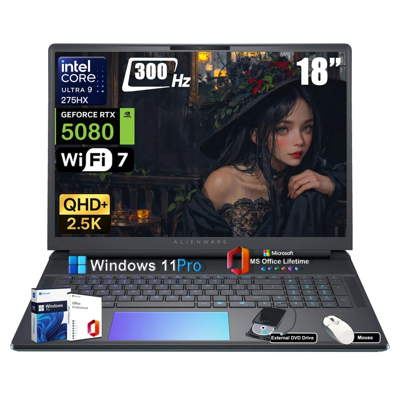 Alienware 18 Area-51 Gaming Laptop Computer - Intel Ultra 9 275HX (24-Core, Up to 5.4GHz), RTX 5080 GDDR7, 18" 2.5K QHD+ 300Hz, w/DVD Drive, Win 11 Pro, Office Lifetime (64GB DDR5, 8TB SSD)