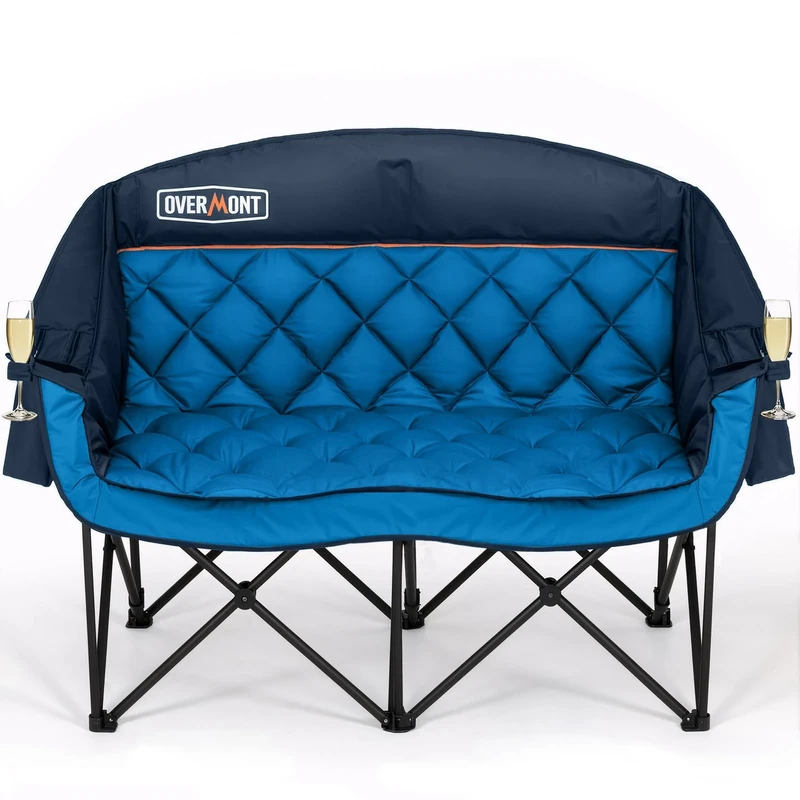 OVERMONT Oversized Camping Chair Double for Adults – 382kg Folding 2 Seater Sofa-Portable, Heavy Duty Lawn Chairs with Cooling Bag&Armrest Cup Holder - Fishing Garden Outdoor,Blue