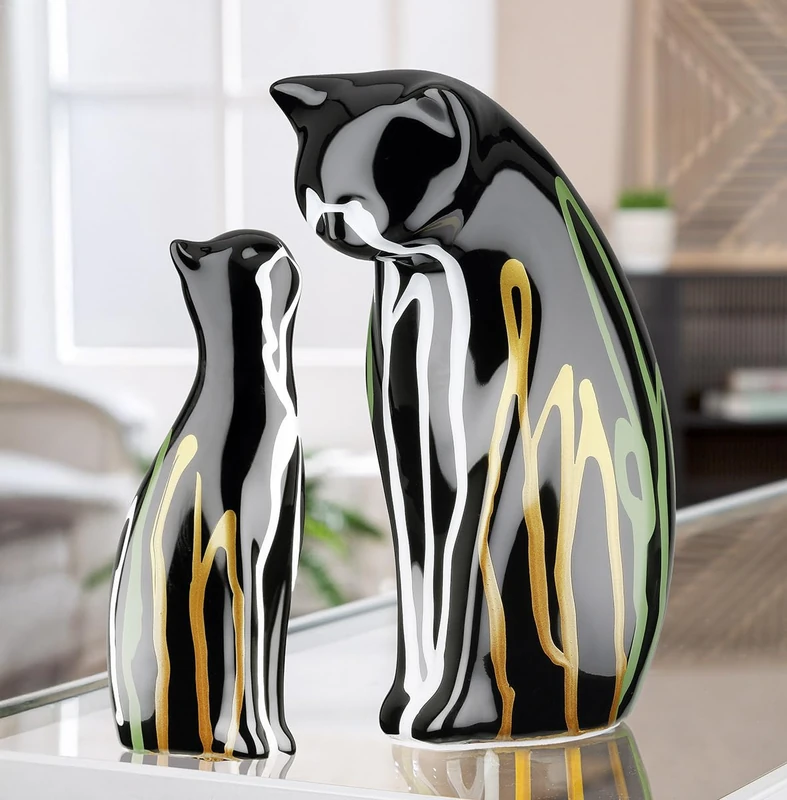GILDE Ceramic Cat Figurine Set, 2 Pieces, Glazed, Black, 22 cm High, 14 cm Wide, 8 cm Deep