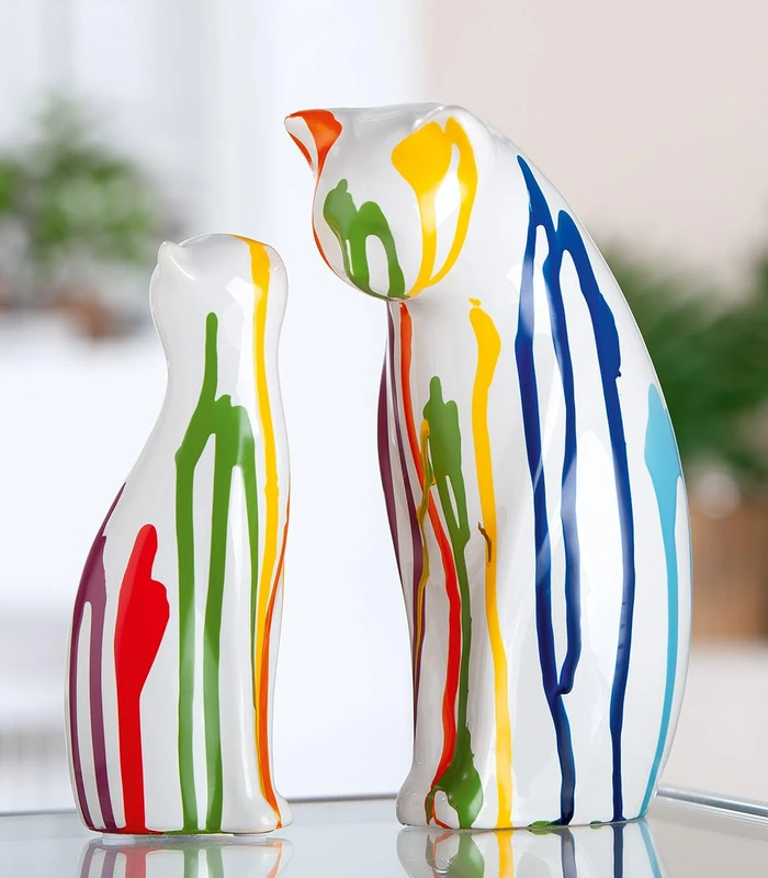 GILDE Colori Ceramic Cat Figurines Set of 2 Glazed White 22 cm High 14 cm Wide