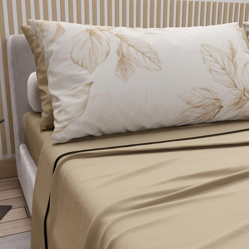 PETTI Artigiani Italiani - Double Bed Sheets Cotton with Pillowcases in Digital Print, Complete Sheet for Double Bed Maxi Floral Pattern 150 Taupe, 100% Made in Italy