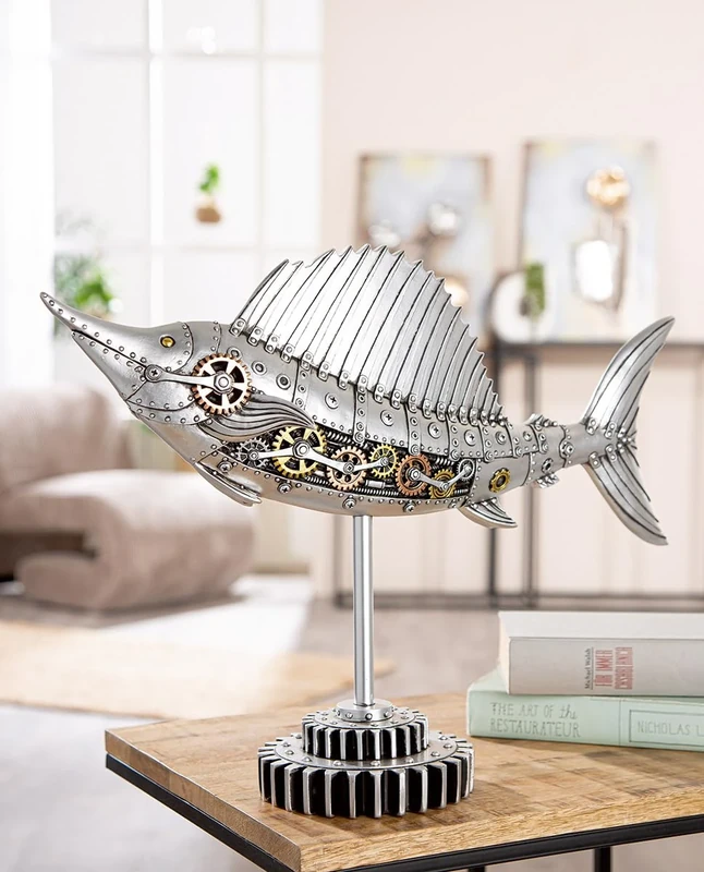 GILDE Steampunk Sailfish Silver Resin Antique Finish Gear Figure 36cm Tall 50cm Wide